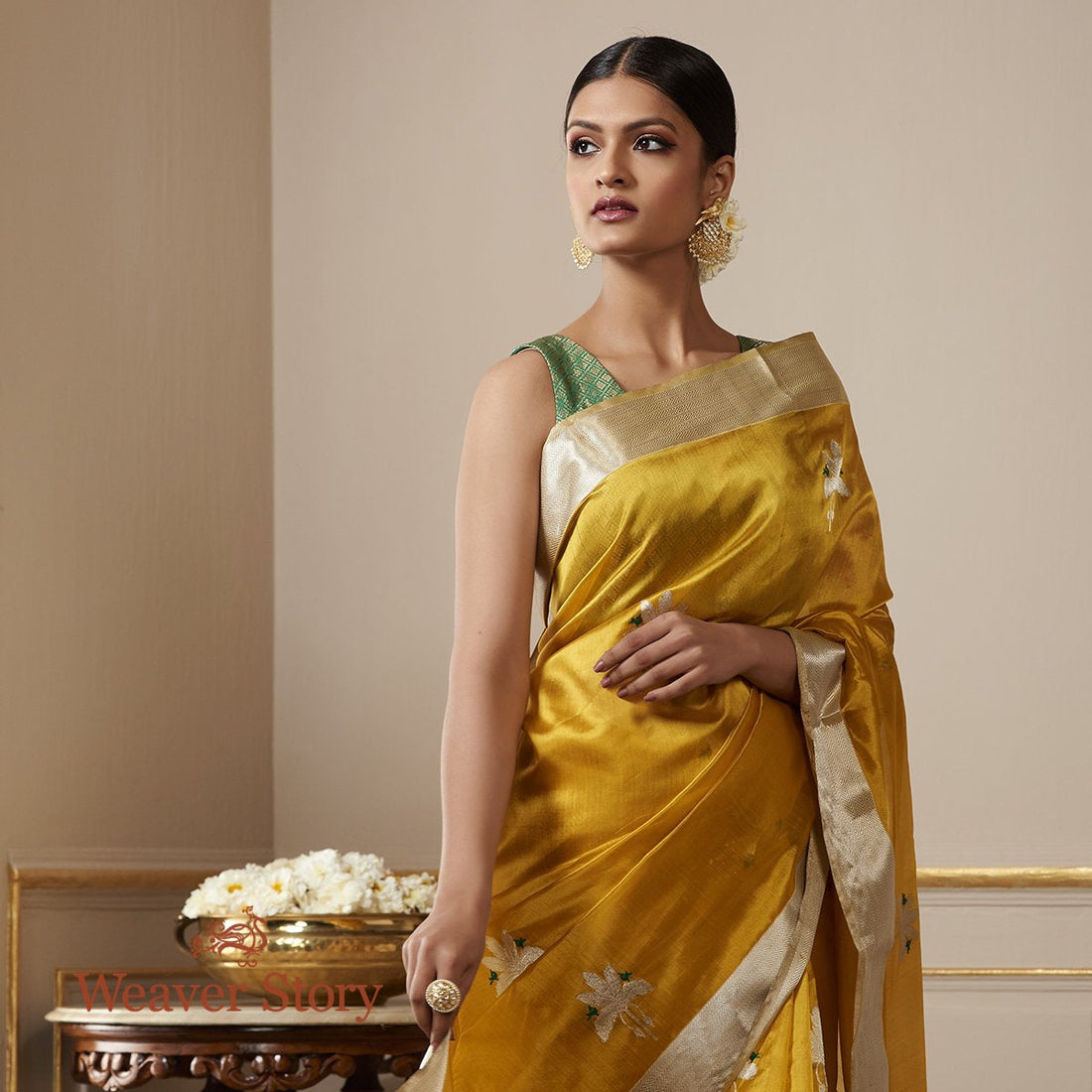 Handloom_Turmeric_Yellow_Chanderi_Silk_Saree_with_Birds_on_a_Tree_WeaverStory_01