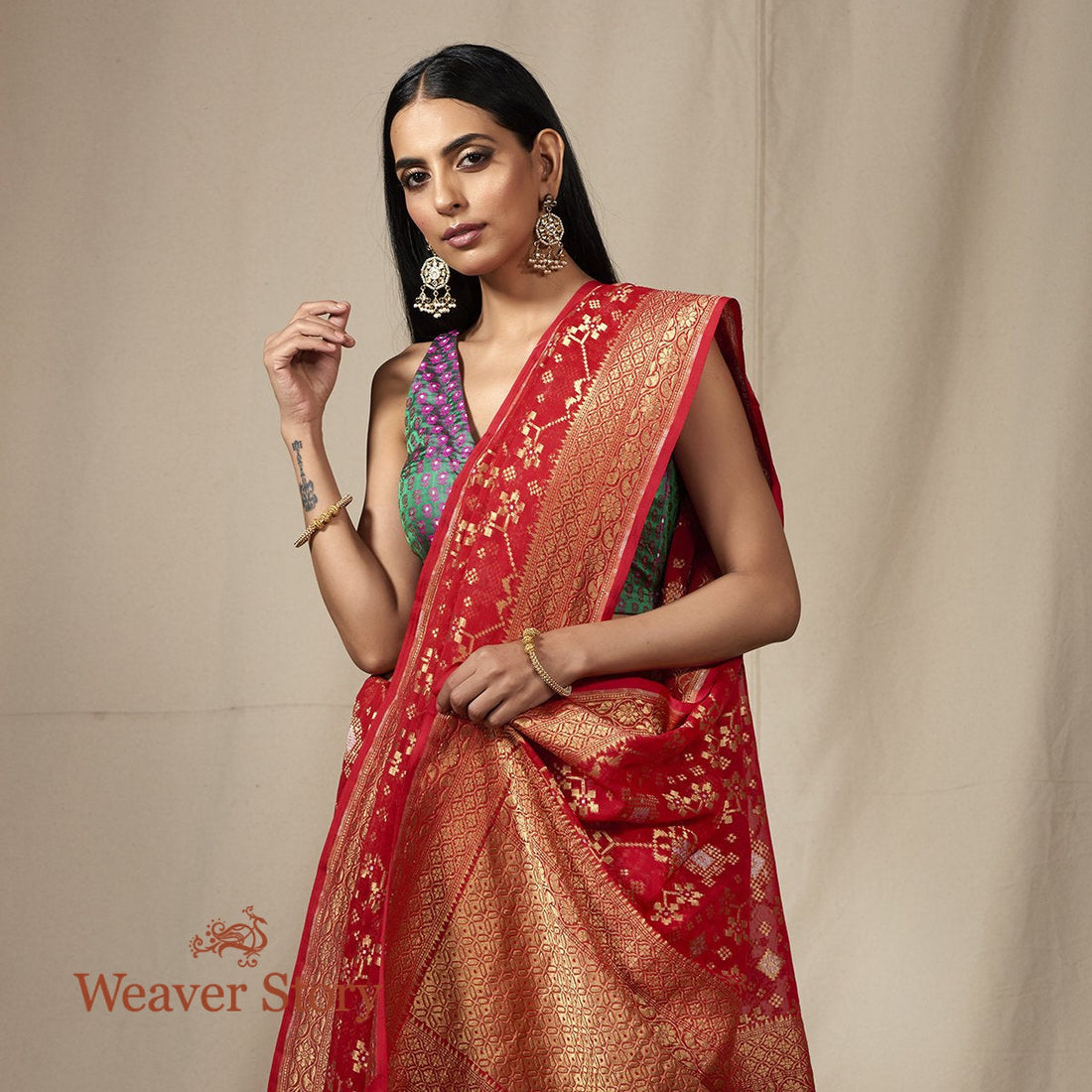 Handwoven_Red_Banarasi_Georgette_Patola_Saree_WeaverStory_01