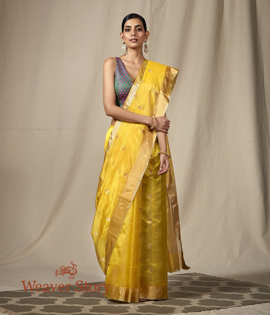Handwoven_Yellow_Chanderi_Silk_Saree_with_Small_Floral_Motifs_WeaverStory_02