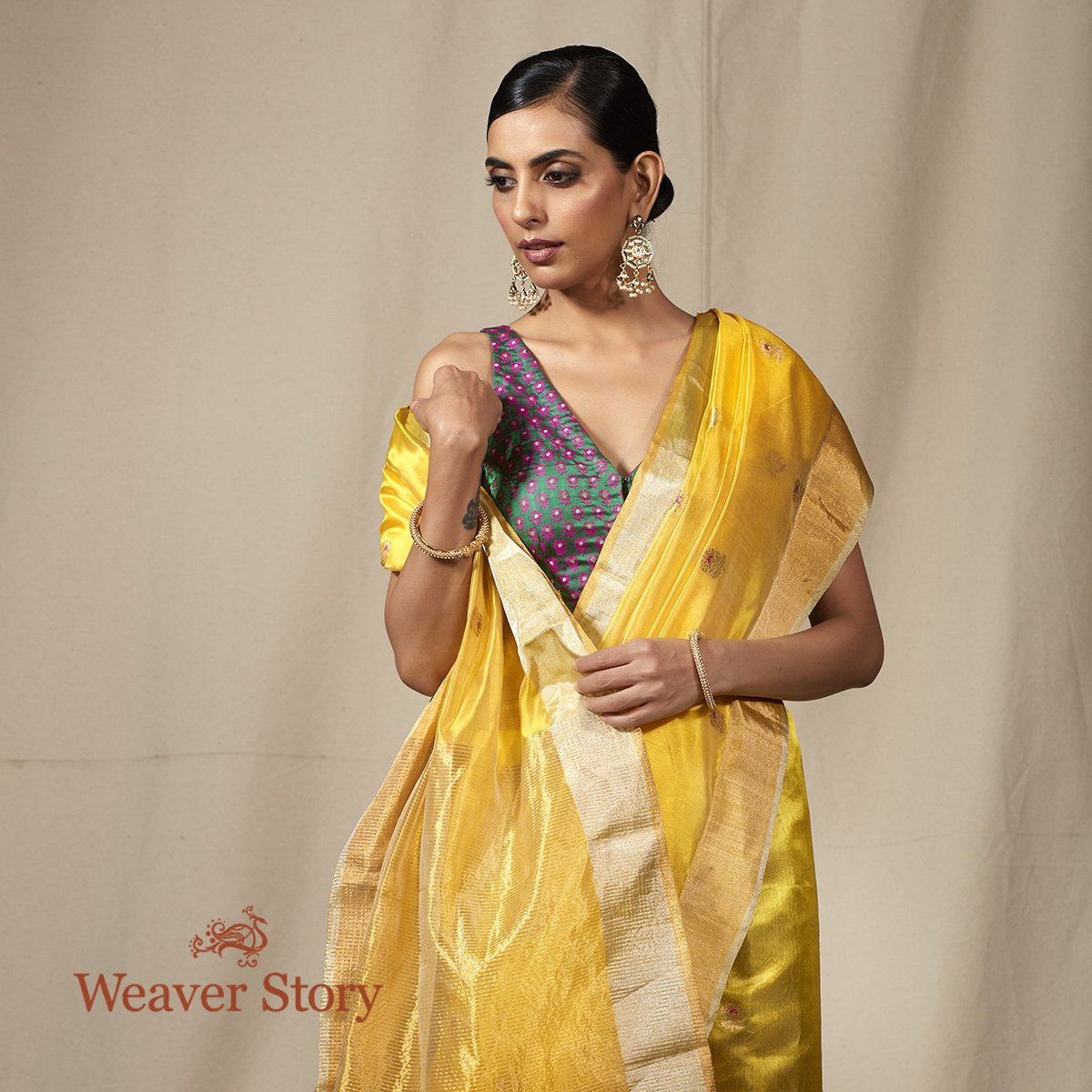 Handwoven_Yellow_Chanderi_Silk_Saree_with_Small_Floral_Motifs_WeaverStory_01