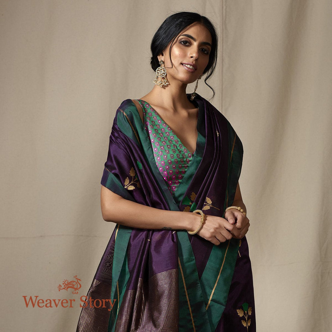 Handwoven_Purple_Chanderi_Silk_Saree_with_Green_Mushroo_Border_WeaverStory_01