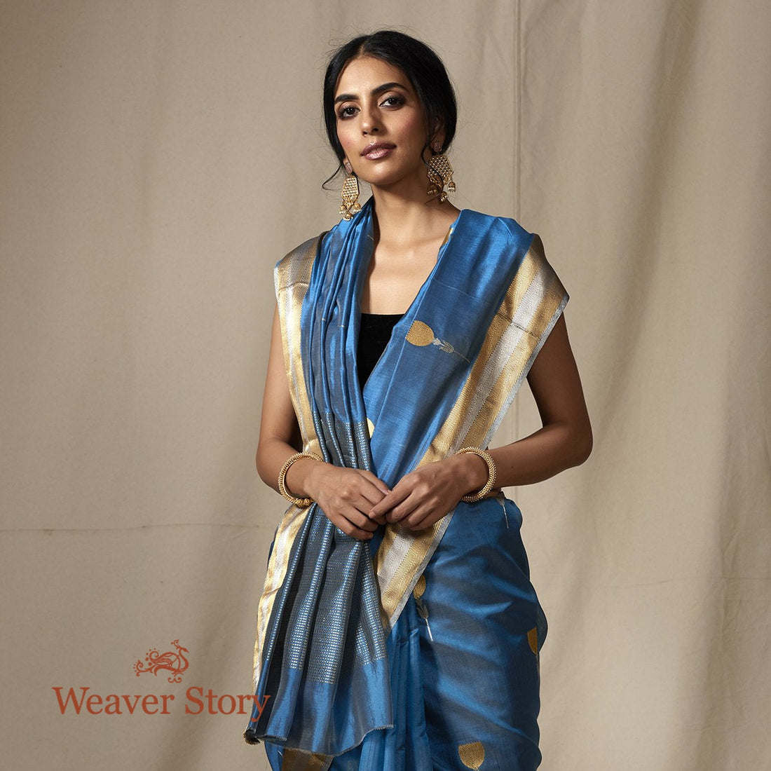 Blue_Chanderi_Silk_Saree_with_Gold_and_Silver_Zari_Boota_with_Meenakari_WeaverStory_01