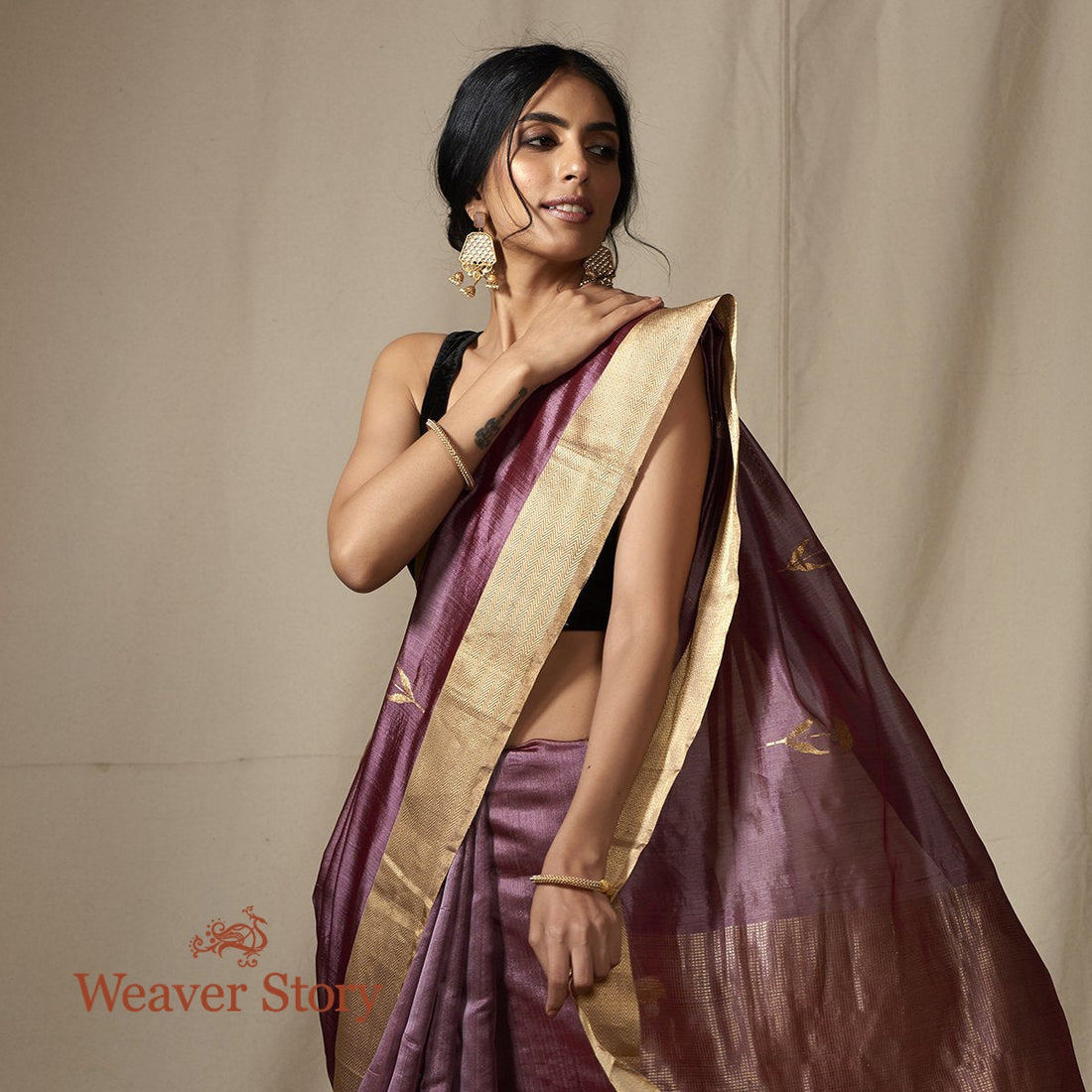 Purple_Chanderi_Silk_Saree_with_Gold_and_Silver_Zari_Boota_WeaverStory_01
