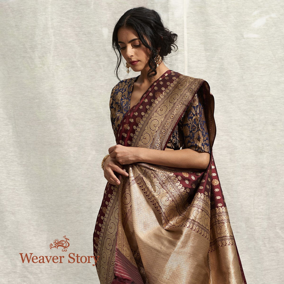 Handwoven_Wine_Banarasi_Saree_with_Kadhwa_Booti_and_Beldaar_Border_WeaverStory_01