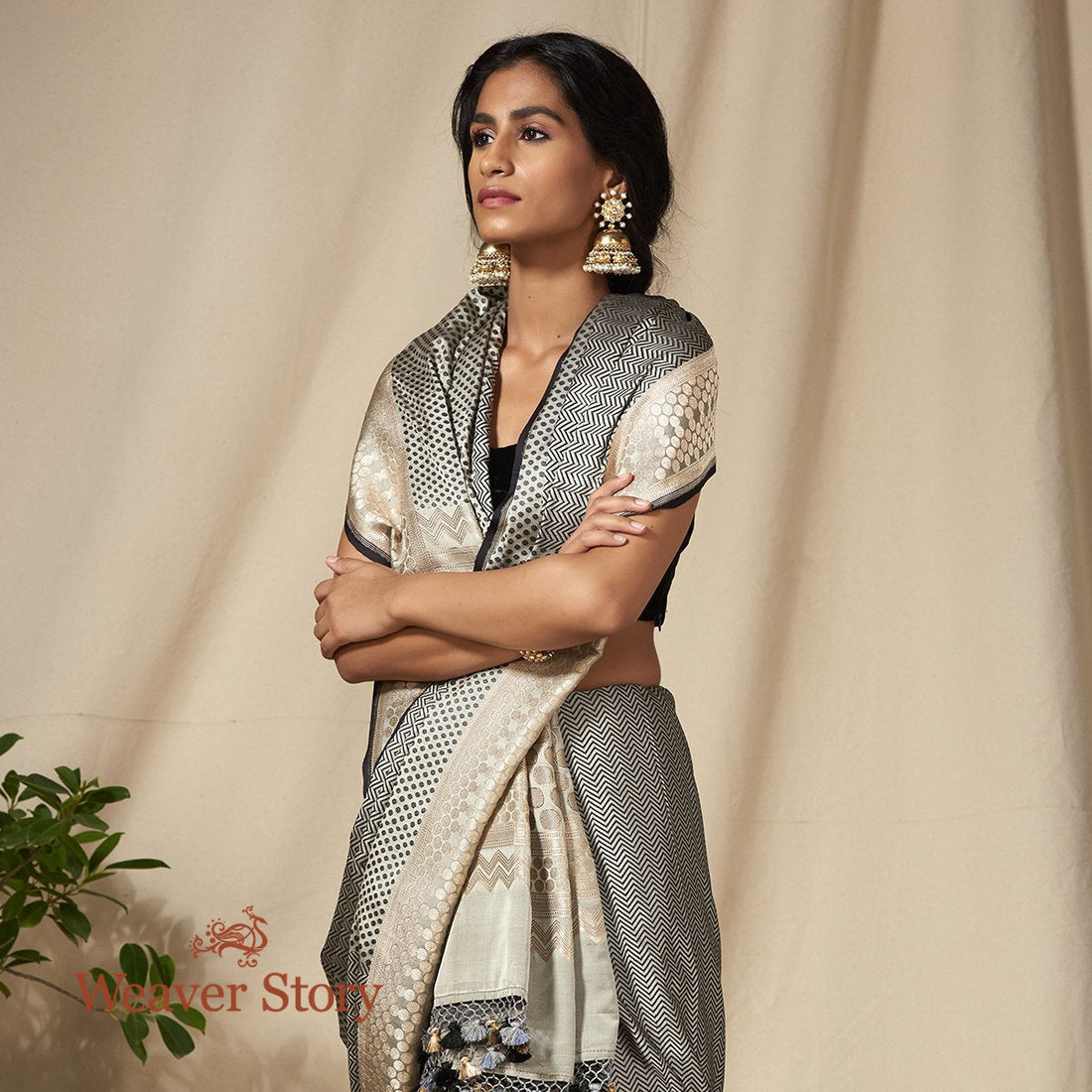 Handwoven_Black_and_Offwhite_Banarasi_Tanchoi_Saree_with_Woven_Zari_Border_WeaverStory_01