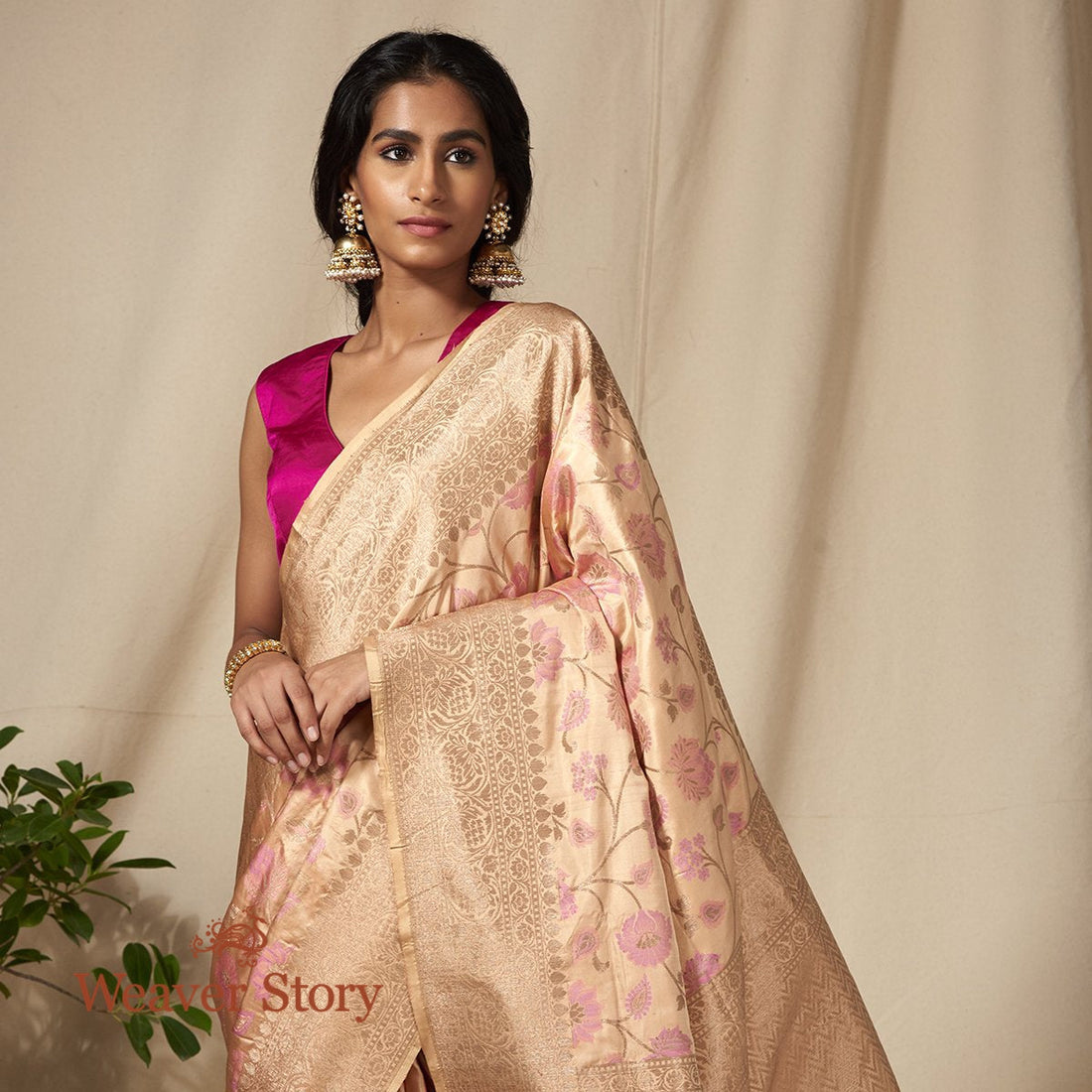 Handwoven_Beige_and_Pink_Banarasi_Saree_with_Meenkari_Jaal_WeaverStory_01