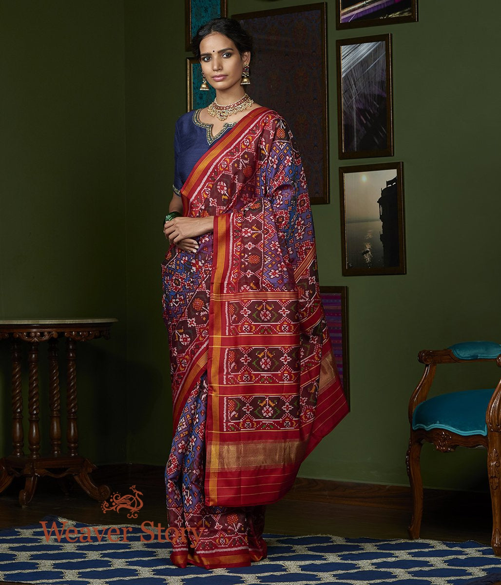 Handwoven_Blue_and_Red_Dual_Tone_Gujarat_Patola_Saree_with_Red_Border_WeaverStory_02
