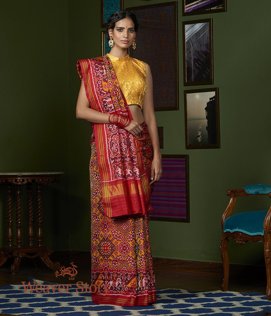 Handwoven_Mustard_and_Red_Gujarat_Patola_Saree_with_Red_Border_WeaverStory_02