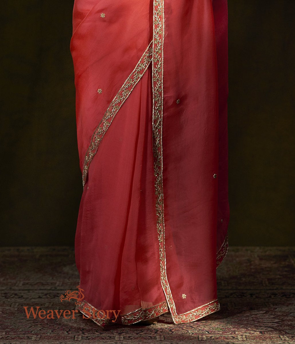 Coral_Peach_Hand_Embroidered_Organza_Saree_with_Zardozi_WeaverStory_04