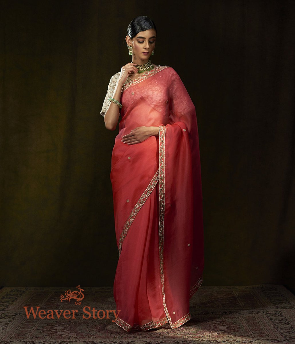 Coral_Peach_Hand_Embroidered_Organza_Saree_with_Zardozi_WeaverStory_02