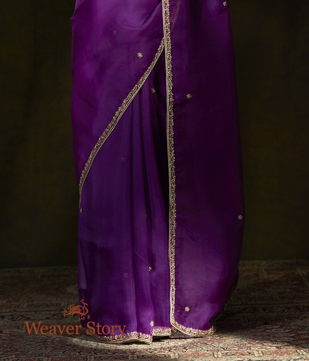 Purple_Hand_Embroidered_Organza_Saree_with_Zardozi_Border_WeaverStory_04