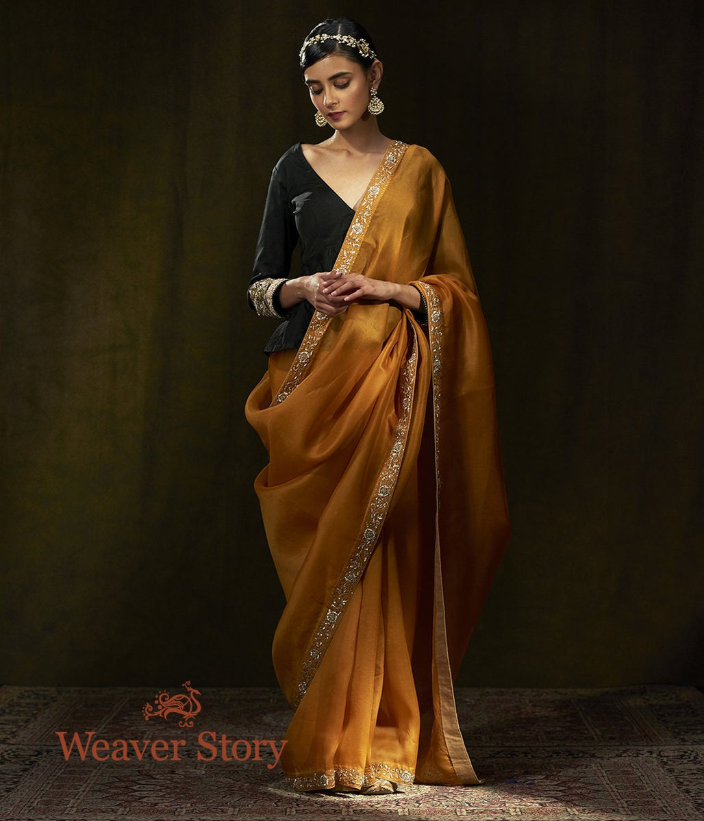 Mustard_Hand_Embroidered_Organza_Saree_with_Zardozi_Border_WeaverStory_02