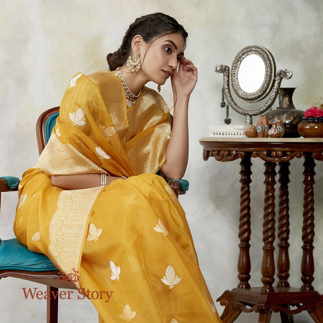 Handwoven_Kora_Silk_Banarasi_in_Mustard_with_Kadhwa_Booti_WeaverStory_01