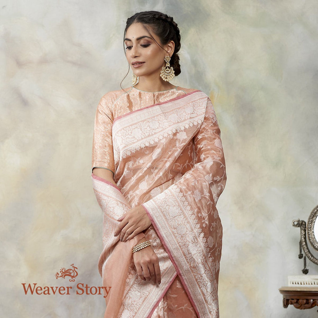 Handloom_Soft_Peach_Cotton_Tissue_Jaal_Woven_with_Silver_Zari_WeaverStory_01