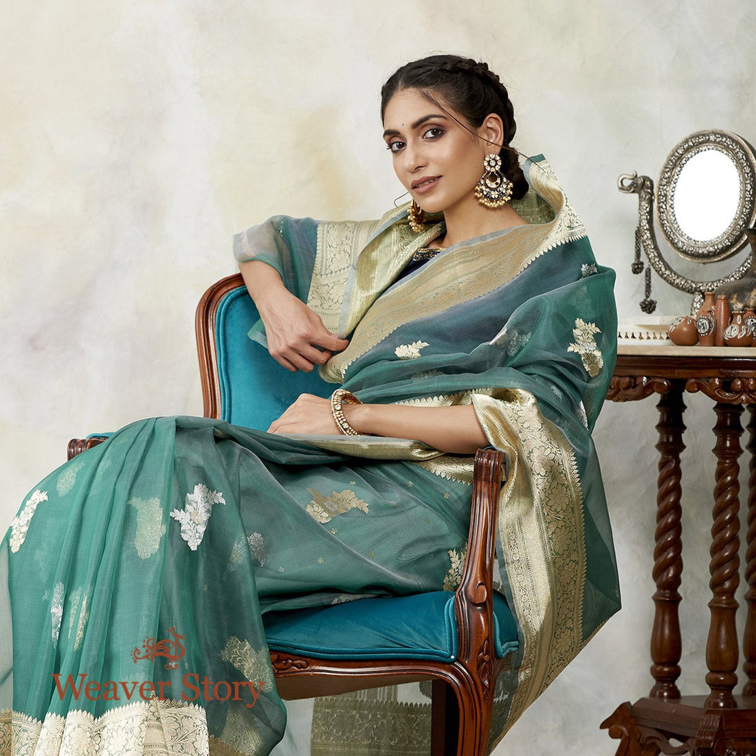 Handwoven_Teal_Green_Kora_Silk_Banarasi_Saree_WeaverStory_01