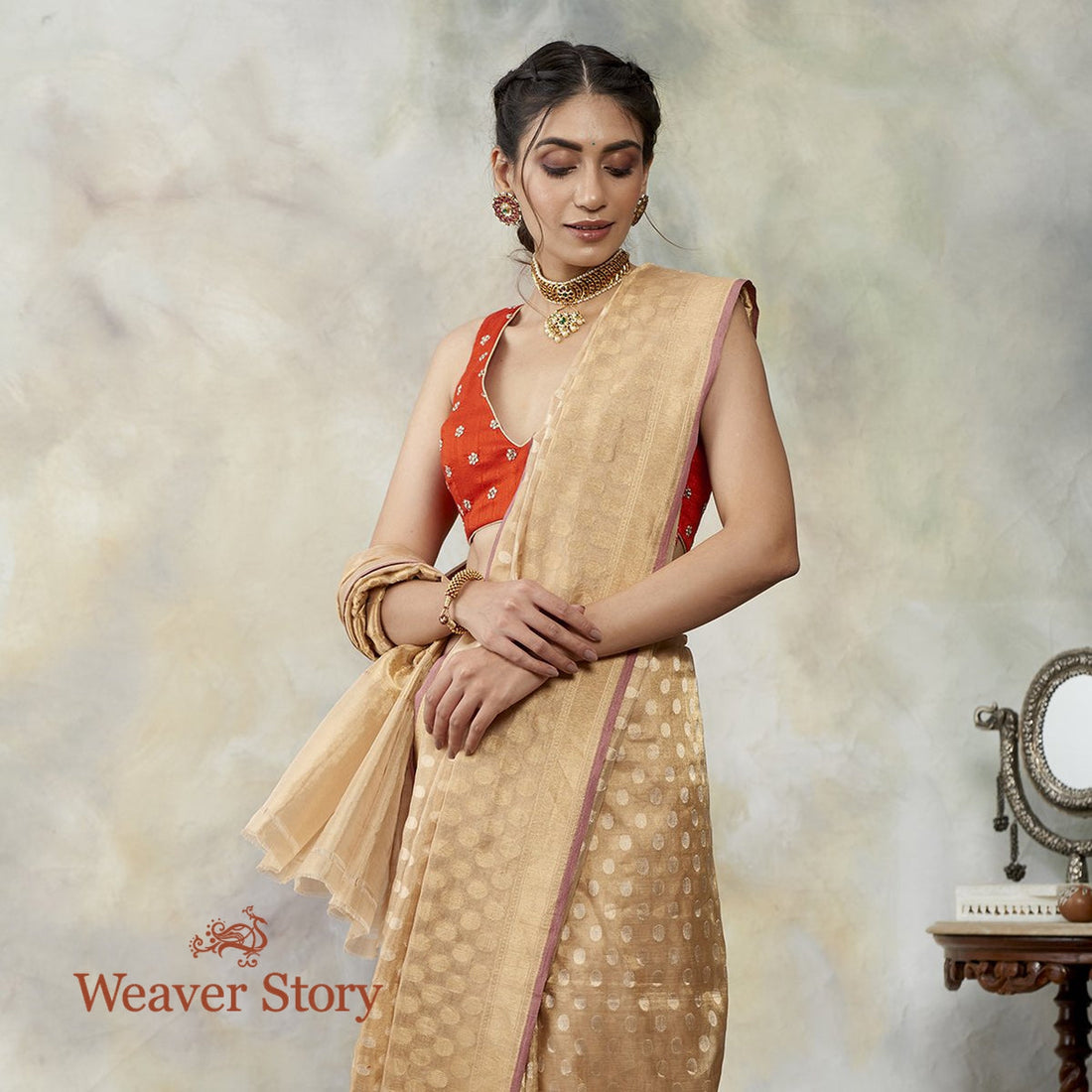 Handwoven_Beige_and_Gold_Cotton_Tissue_Banarasi_with_Zari_Polka_Bootas_WeaverStory_01