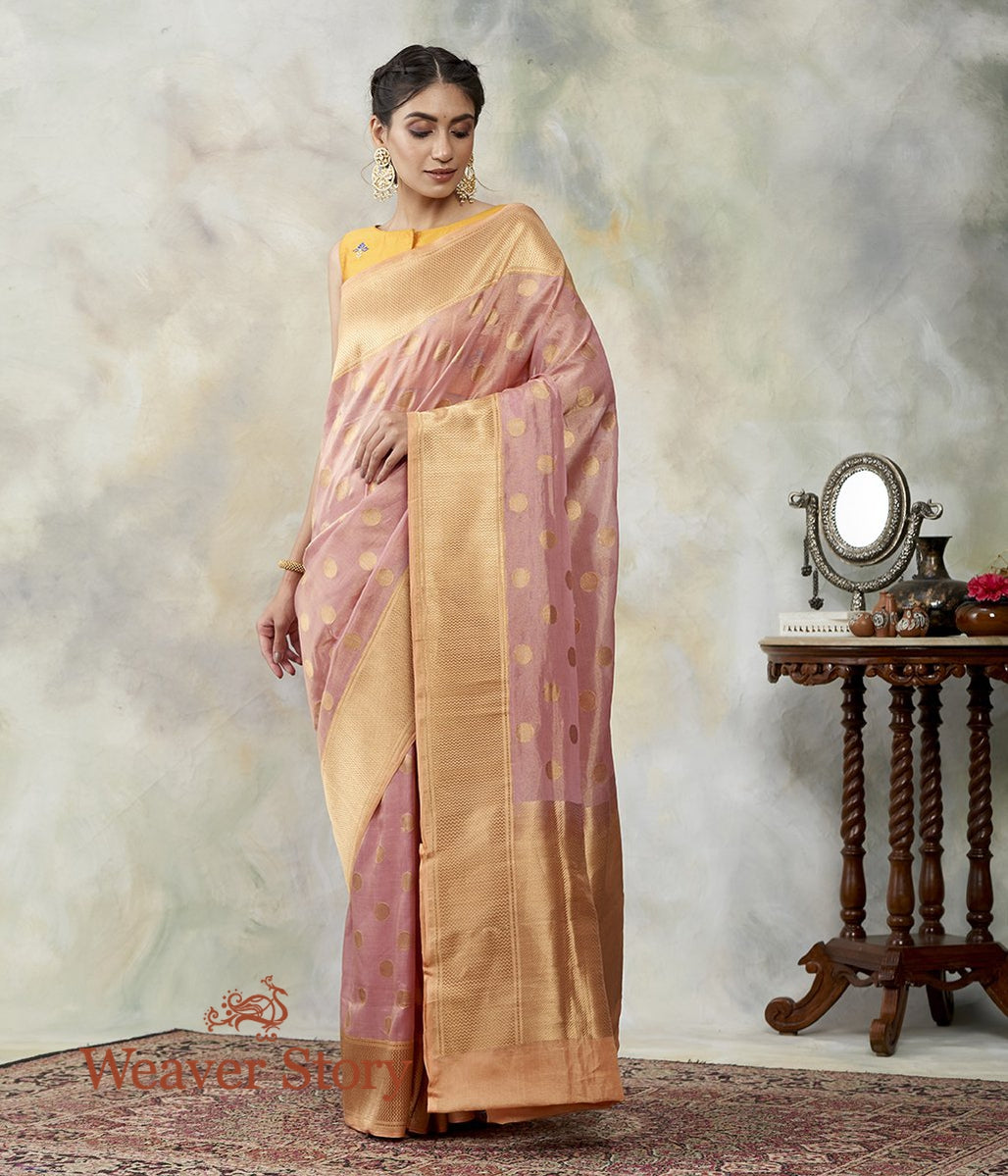 Handwoven_Pink_and_Gold_Cotton_Tissue_Banarasi_with_Zari_Polka_Bootas_WeaverStory_02
