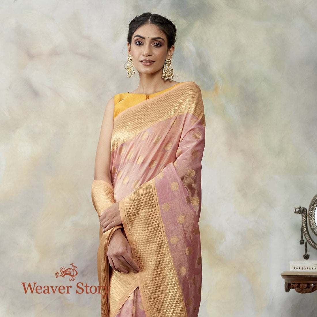 Handwoven_Pink_and_Gold_Cotton_Tissue_Banarasi_with_Zari_Polka_Bootas_WeaverStory_01