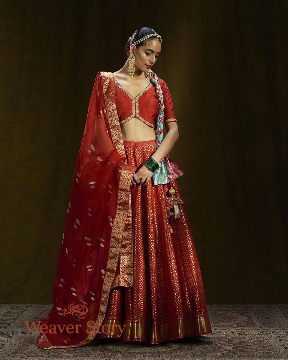 Red_Banarasi_Handloom_Lehenga_with_Gold_Zari_and_Organza_Dupatta_WeaverStory_01
