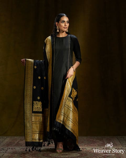 Black_Pure_Silk_Gherdaar_Kurta_with_Pants_and_Black_Kadhua_Weave_Dupatta_WeaverStory_01