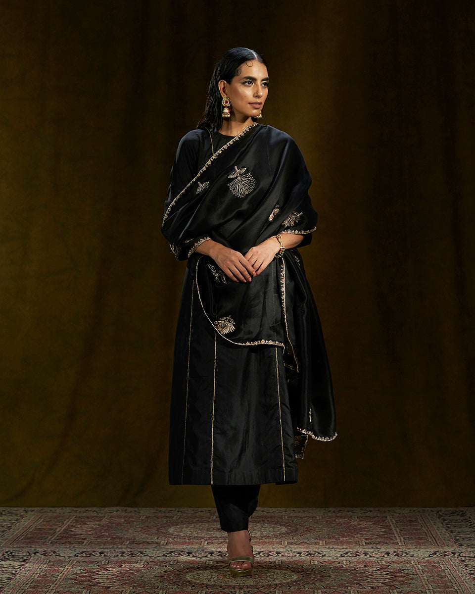 Black_Pure_Silk_Gherdaar_Kurta_with_Pants_and_Black_Organza_Dupatta_WeaverStory_02