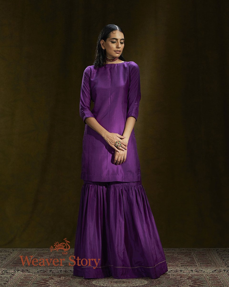 Purple_Mulberry_Silk_Short_Kurta_and_Gharara_Set_WeaverStory_01