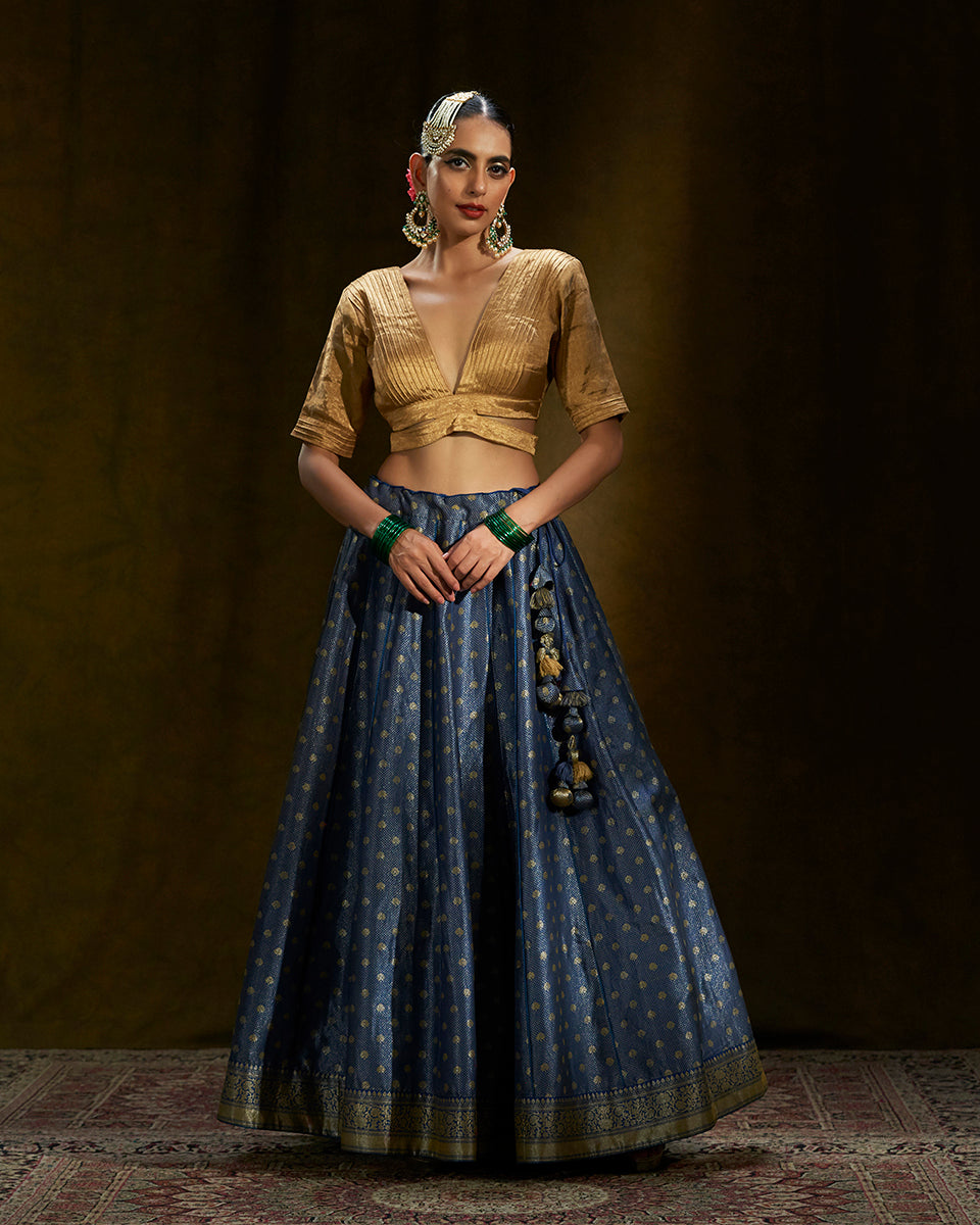 Royal Blue blouse with multi shade raw silk lehenga – Shakuntlam