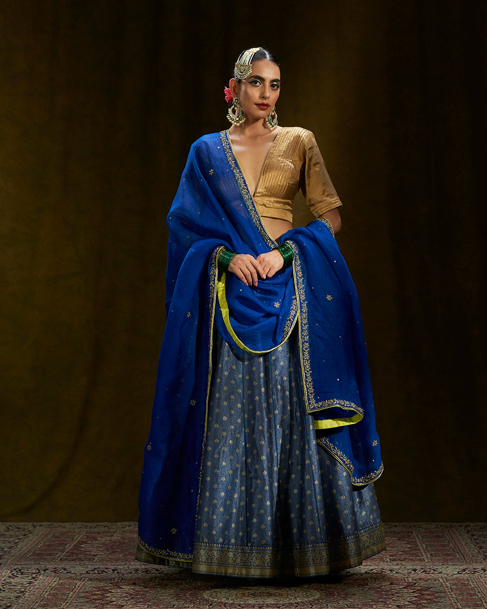 BLUE AND GOLD BRIDAL LEHENGA – Sahil Exclusive