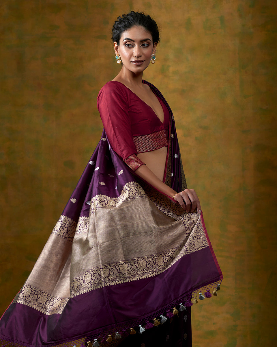 Plum_Color_Banarasi_Handloom_Saree_with_Kadhwa_Meenakari_Booti_and_Pomegranate_Red_Selvedge_WeaverStory_01