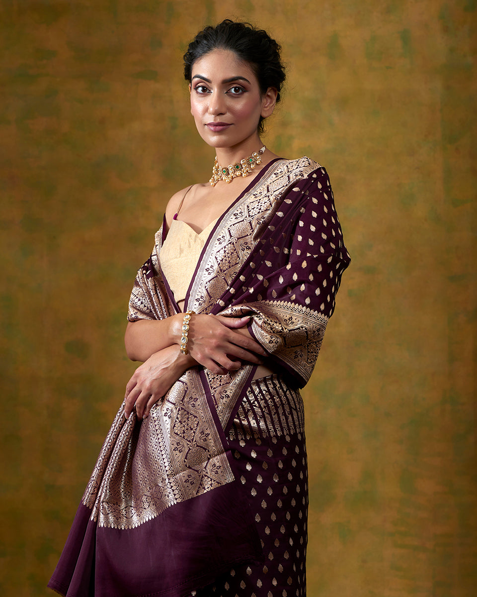 Wine_Handloom_Pure_Satin_Silk_Banarasi_Saree_with_Vintage_Floral_Border_WeaverStory_01