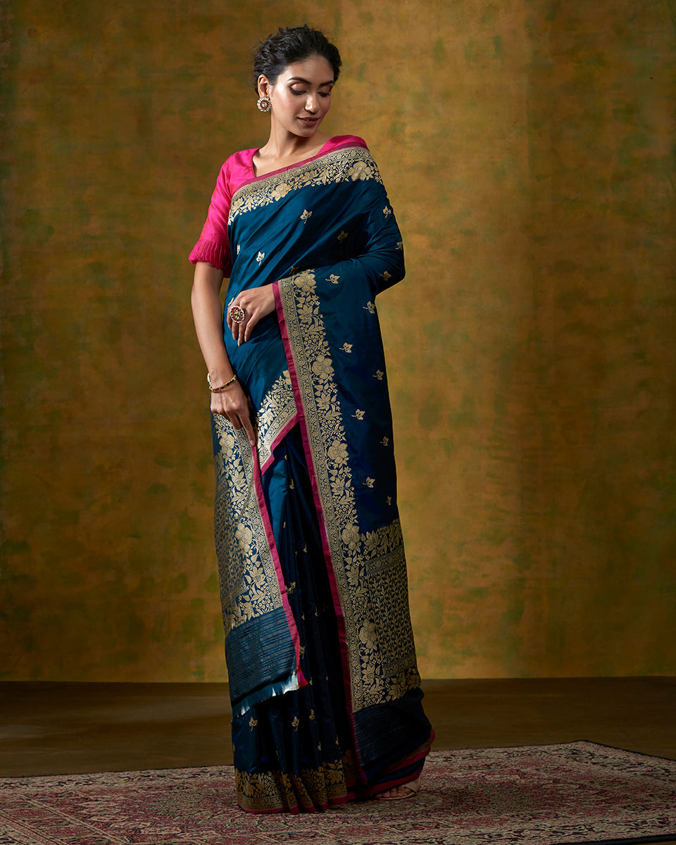 Teal_Blue_Handloom_Pure_Katan_Silk_Banarasi_Saree_with_Kadhwa_Floral_Border_WeaverStory_02