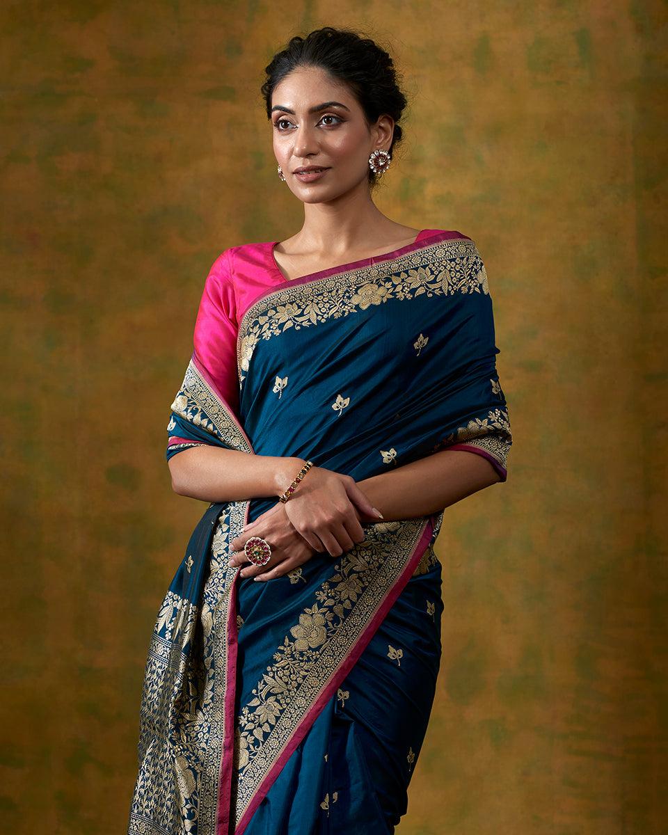 Teal_Blue_Handloom_Pure_Katan_Silk_Banarasi_Saree_with_Kadhwa_Floral_Border_WeaverStory_01