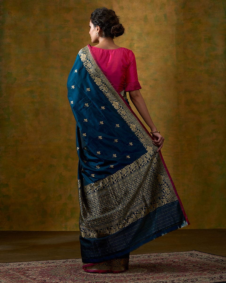 Teal_Blue_Handloom_Pure_Katan_Silk_Banarasi_Saree_with_Kadhwa_Floral_Border_WeaverStory_03