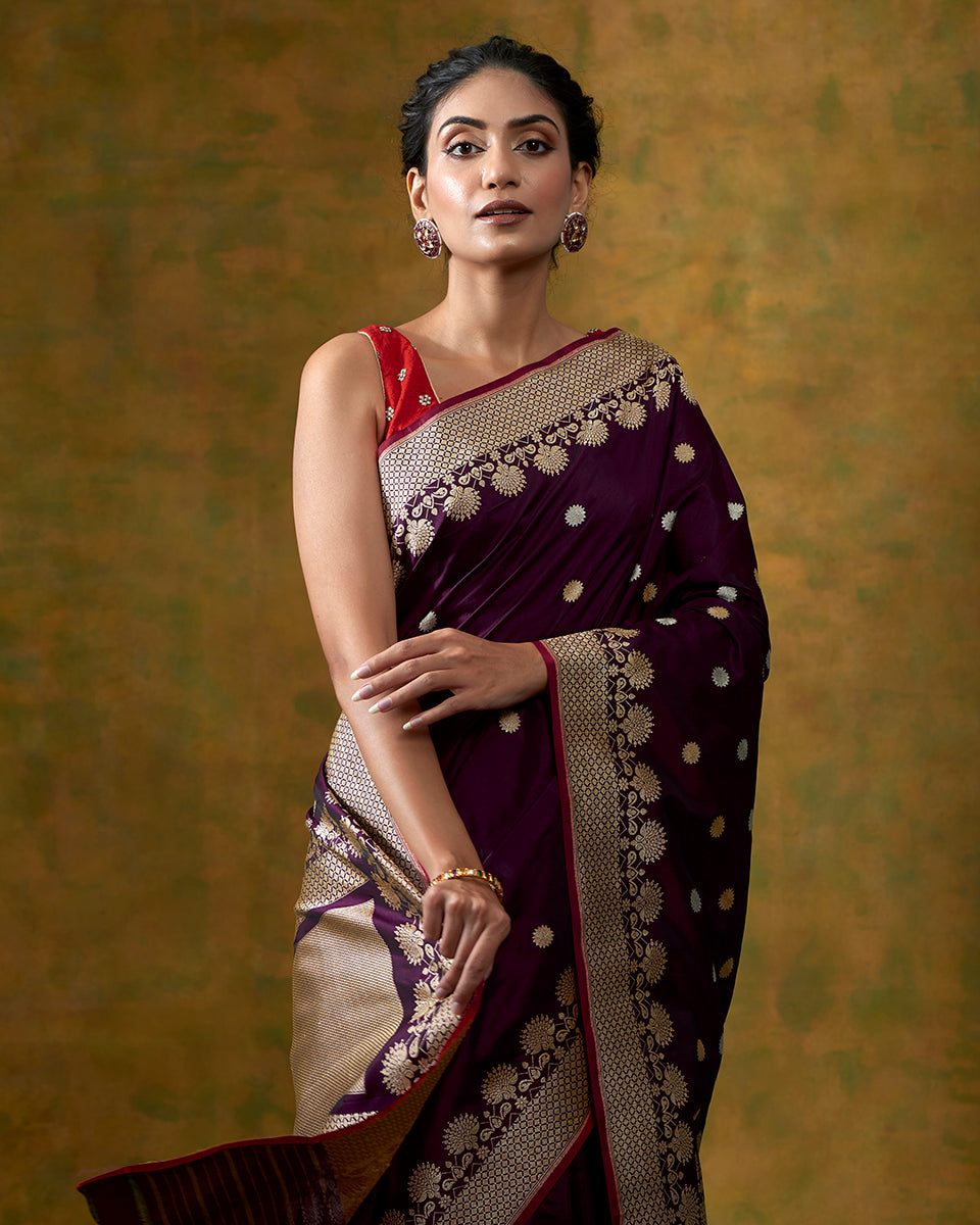 Wine_Handloom_Pure_Katan_Silk_Banarasi_Saree_with_Kadhwa_Floral_Border_WeaverStory_01