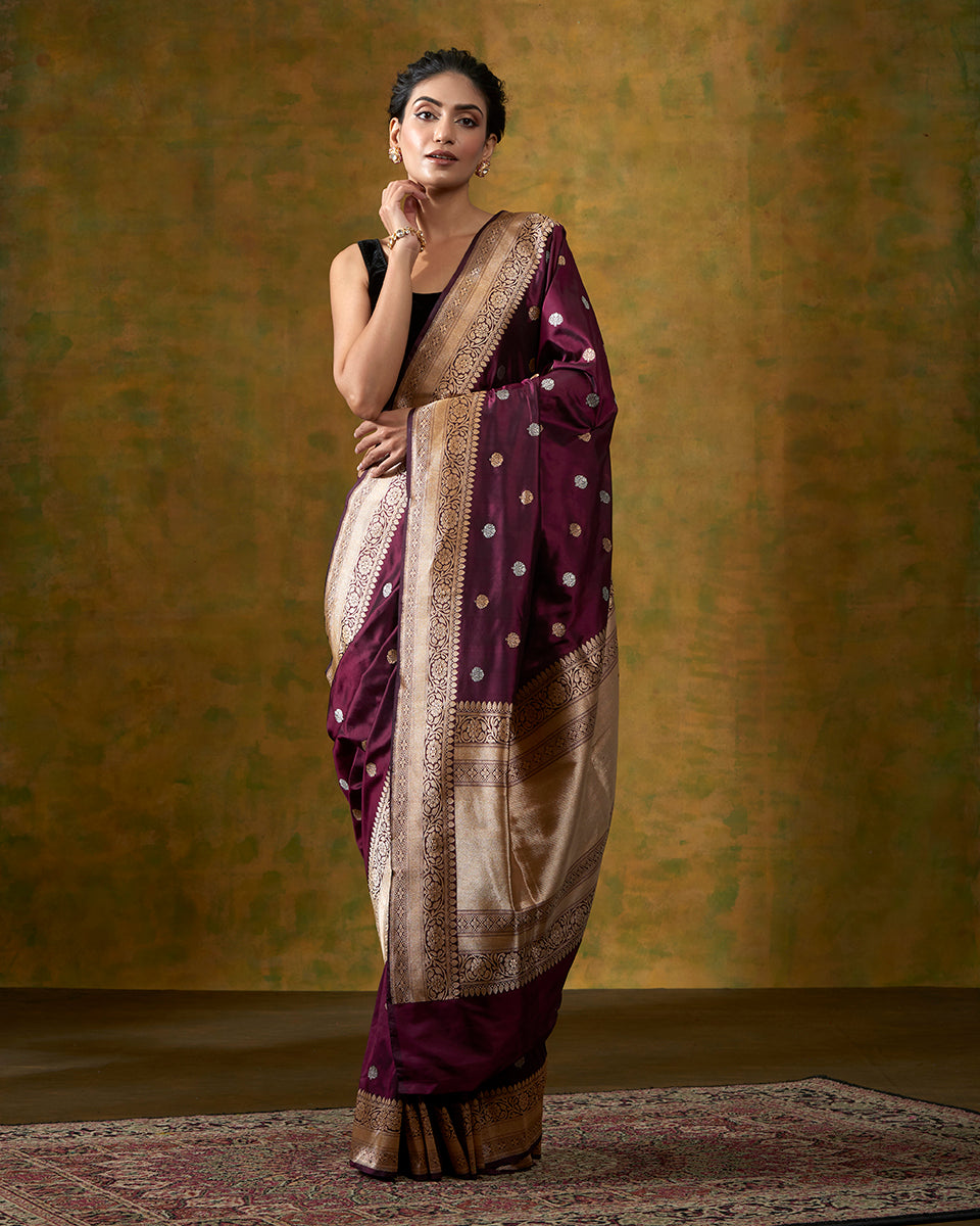 Handloom_Wine_Banarasi_Saree_with_Kadhwa_Weave_and_Beldaar_Border_WeaverStory_02