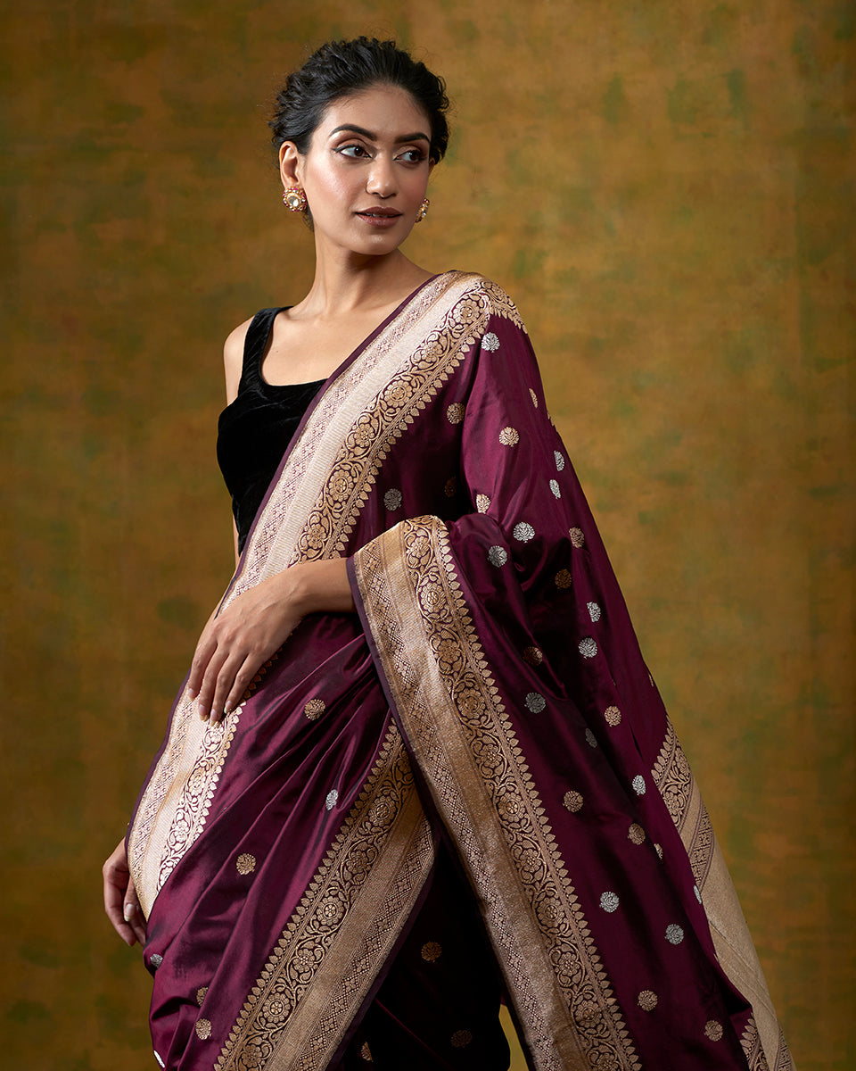 Handloom_Wine_Banarasi_Saree_with_Kadhwa_Weave_and_Beldaar_Border_WeaverStory_01