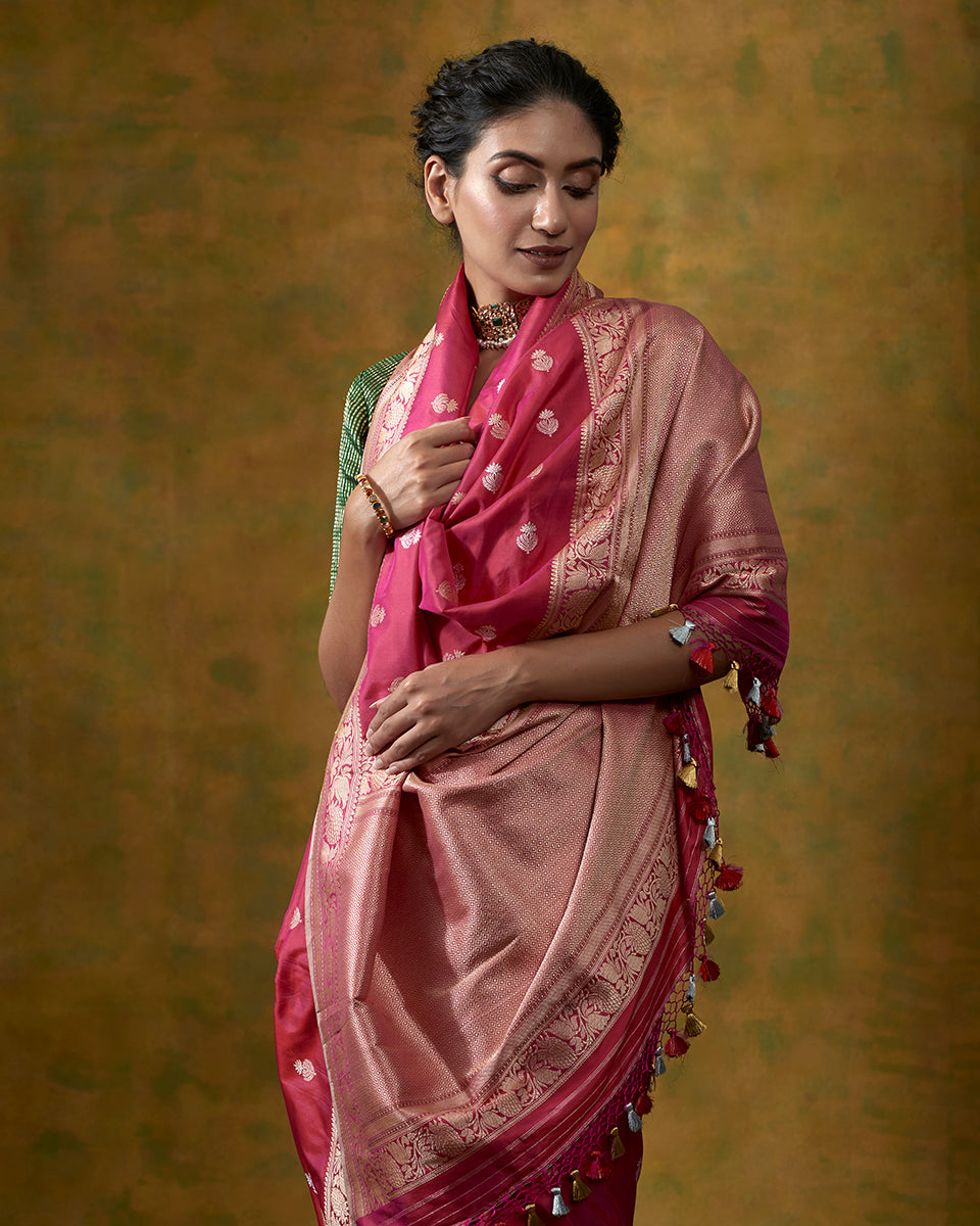 Rani_Pink_Banarasi_Handloom_Saree_with_Kadhwa_Floral_Border_and_Gold_and_Silver_Zari_Motifs_WeaverStory_01