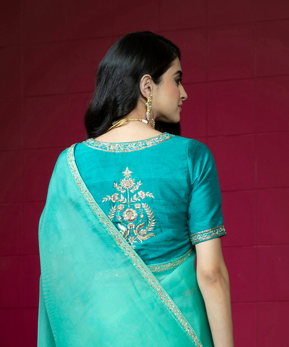Sea Green Raw Silk Hand Embroidered Blouse With V-Neckline