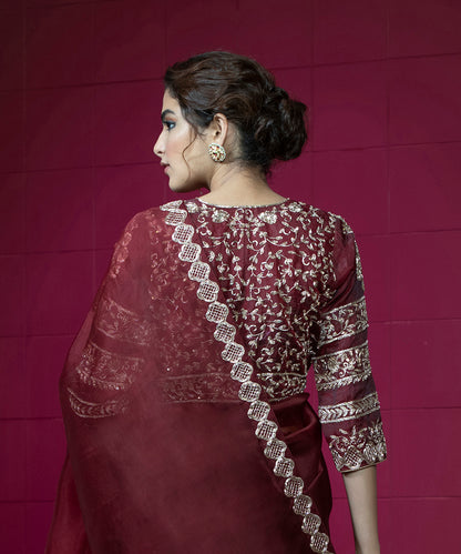Maroon Hand Embroidered Raw Silk Blouse With 3/4th Sleeves
