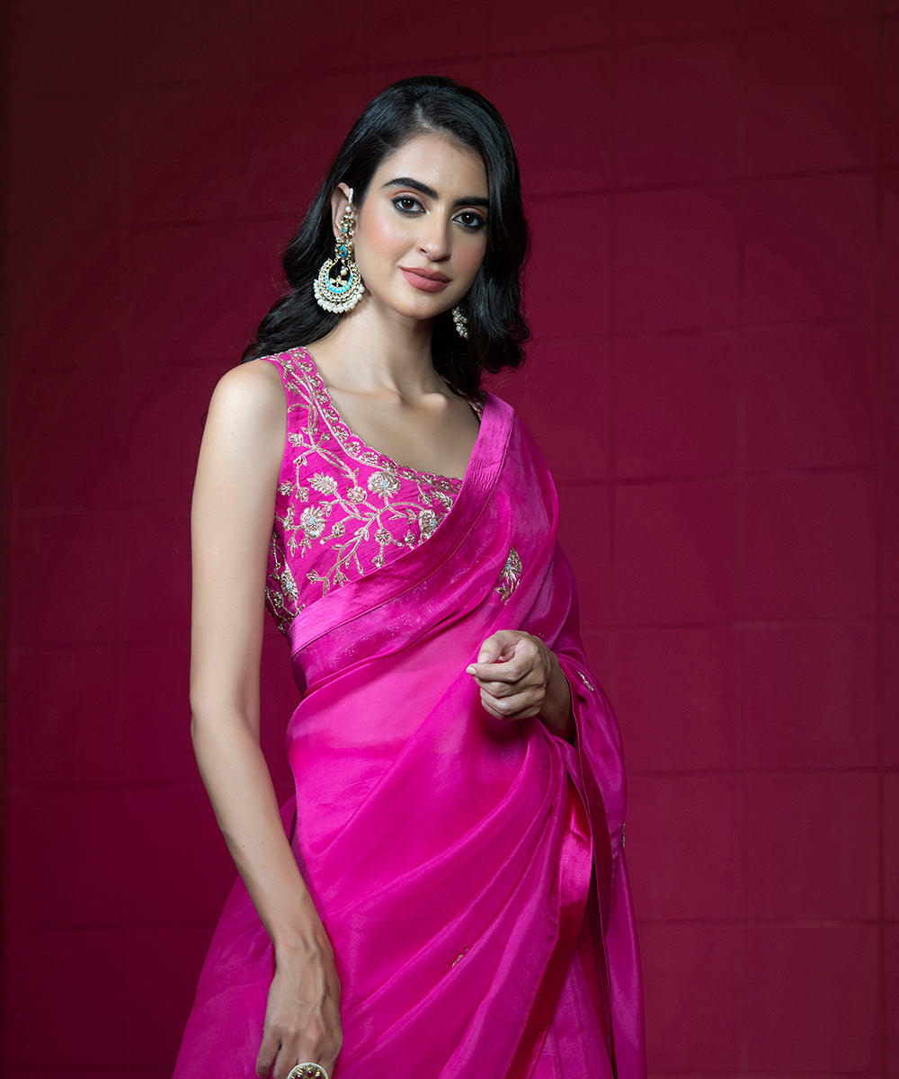 Hot Pink Raw Silk Sleeveless Blouse With Hand Embroidery