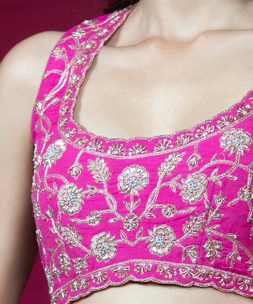 Buy Hot Pink Metallic Embroidery Sleeveless Blouse by Designer ONE
