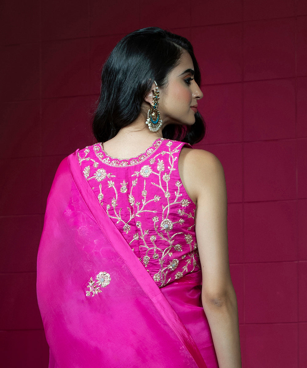 Hot Pink Raw Silk Sleeveless Blouse With Hand Embroidery