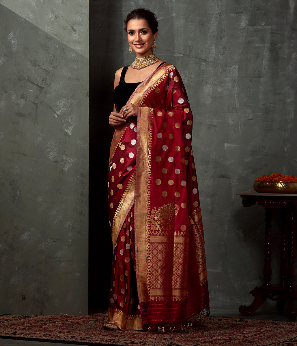 Handwoven_Red_Saree_with_Gold_and_Silver_Polka_Booti_WeaverStory_02