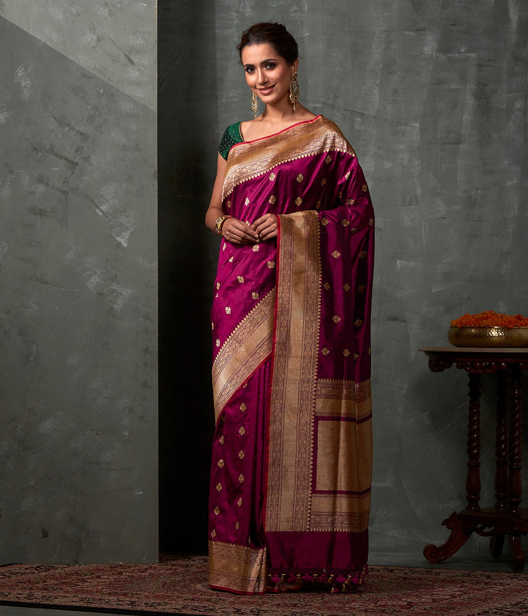 Handwoven_Purple_Black_Small_Leaf_Booti_Saree_with_Red_Selvedge_WeaverStory_02
