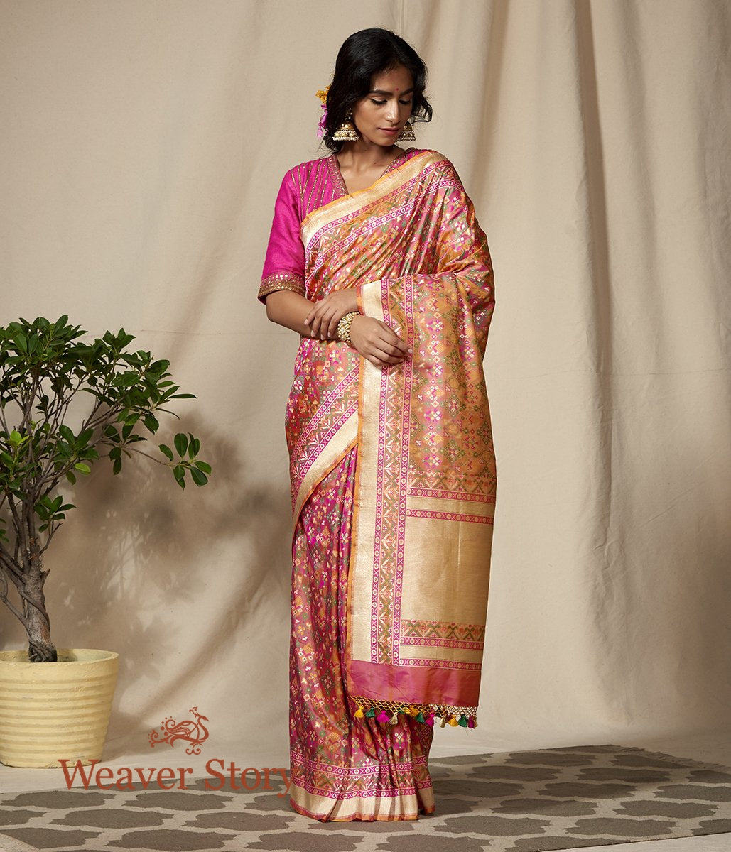 Handwoven_Peach_and_Pink_Banarasi_Patola_Saree_with_Meenakari_WeaverStory_02