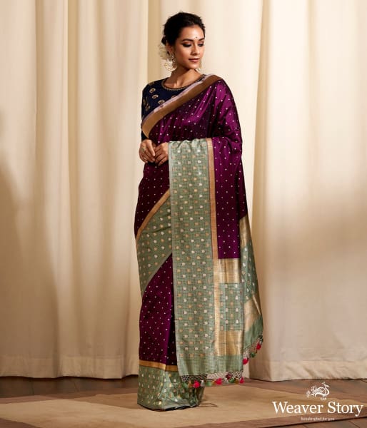 Handwoven_Wine_Oval_Dots_Saree_with_Check_Border_WeaverStory_02