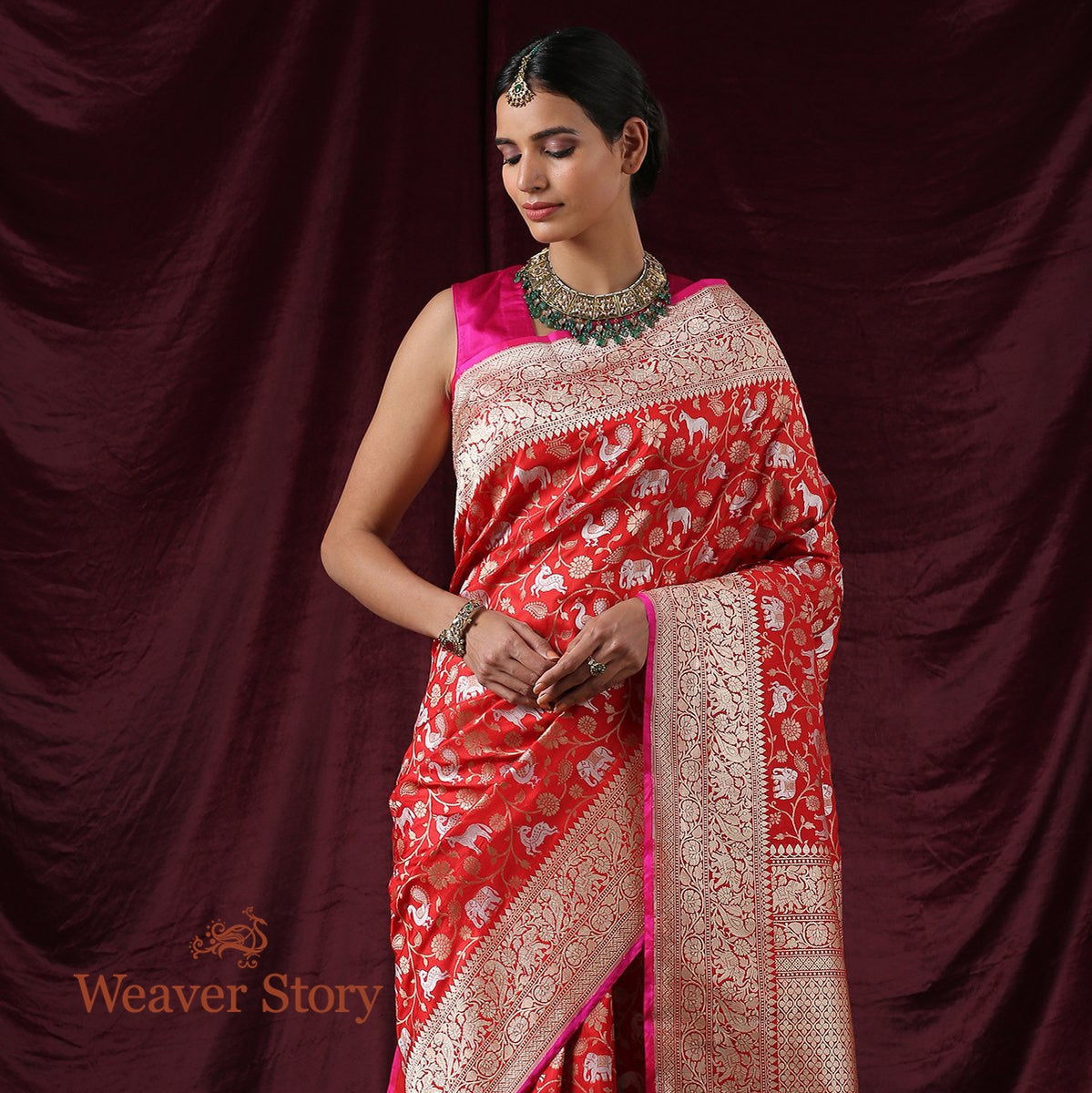 Handwoven_Red_Shikargah_Saree_with_Gold_and_Silver_Zari_WeaverStory_01