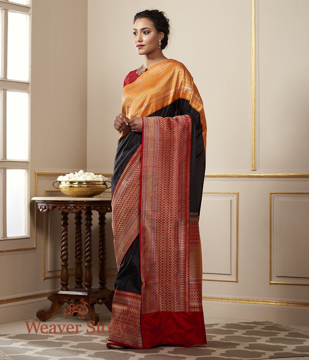 Handwoven_Black_Katan_Silk_Saree_with_Elaborate_Ganga_Jamuna_Border_In_Orange_and_Red_WeaverStory_02