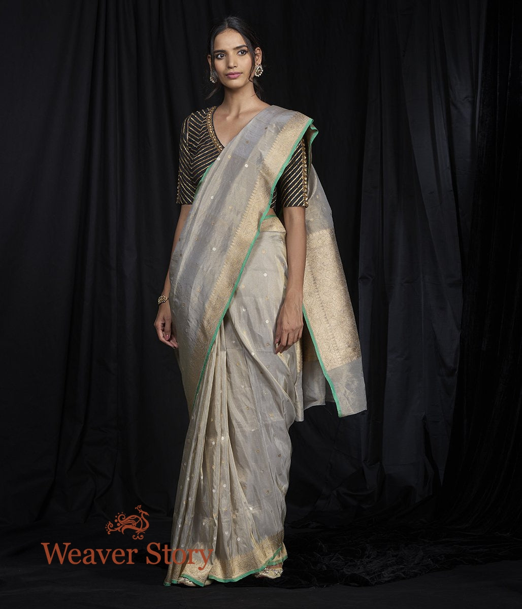 Handwoven_Grey_Silk_Tissue_Saree_with_Small_Dots_WeaverStory_02