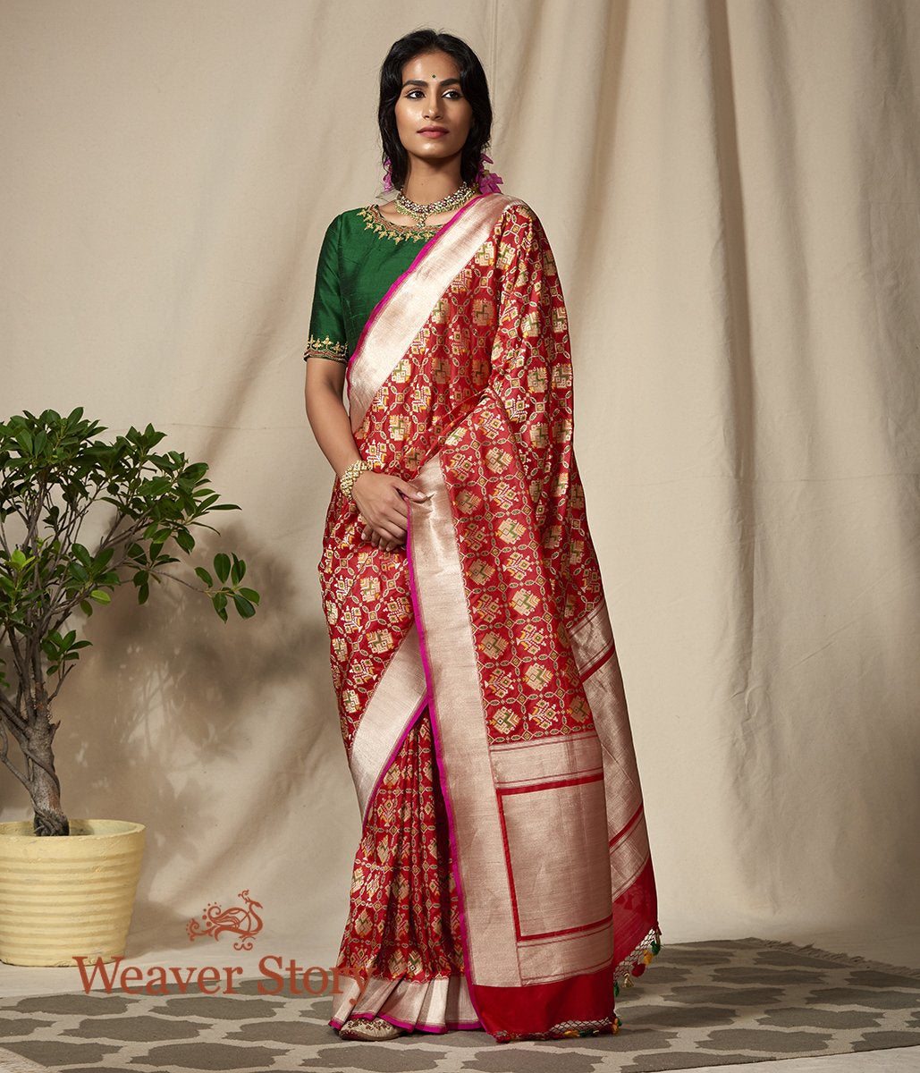 Handloom_Red_Meenakari_Banarasi_Patola_Saree_with_Pink_Selvedge_WeaverStory_02